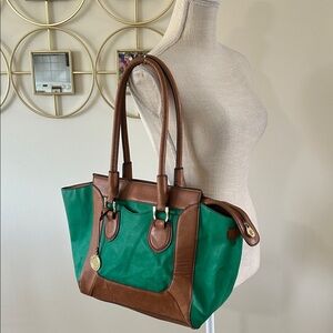 London Fog Green and Brown Tote Bag, large capacity handbag with gold charm